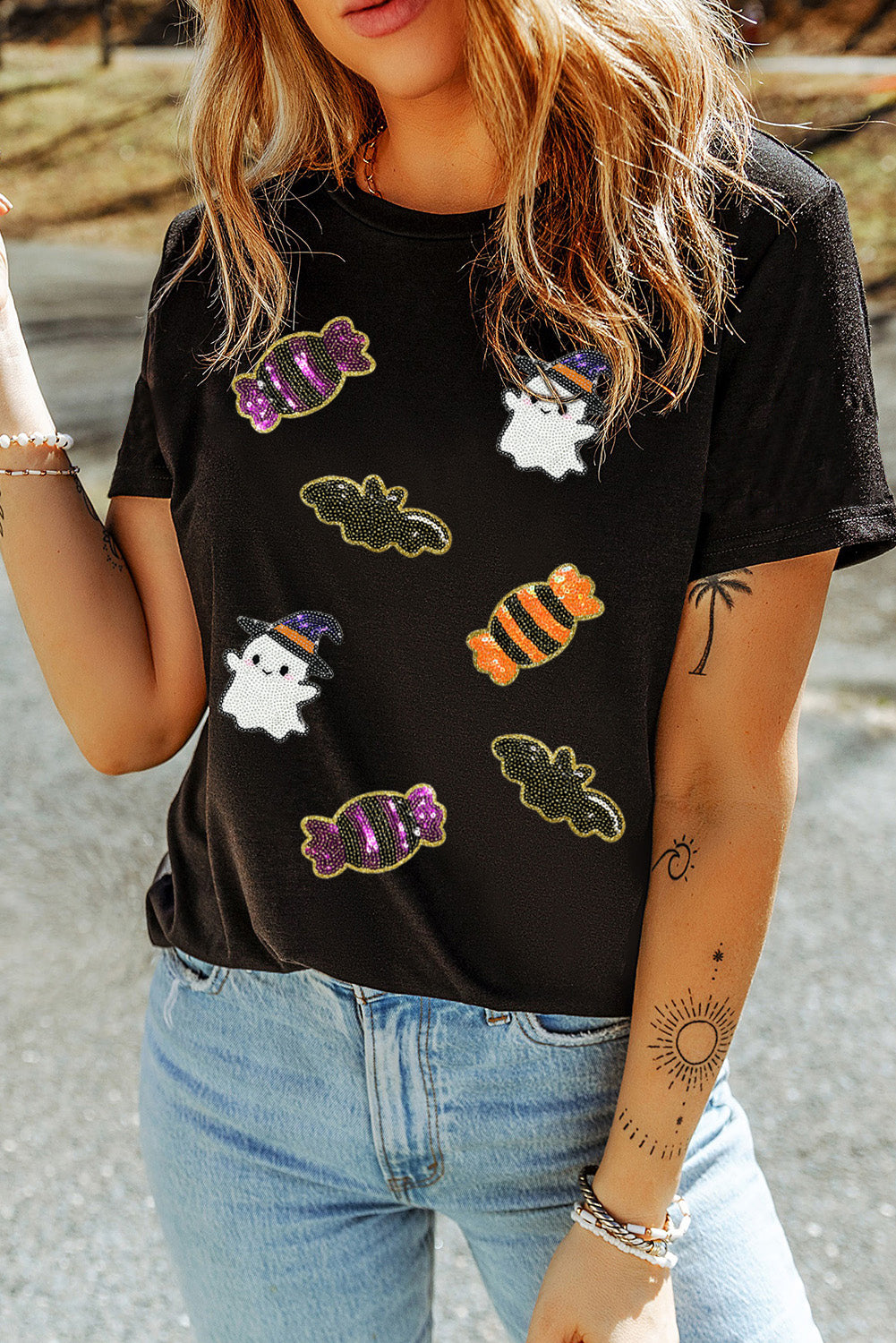 White Sequined Halloween Spirit Pattern Patched Custom Casual Tee