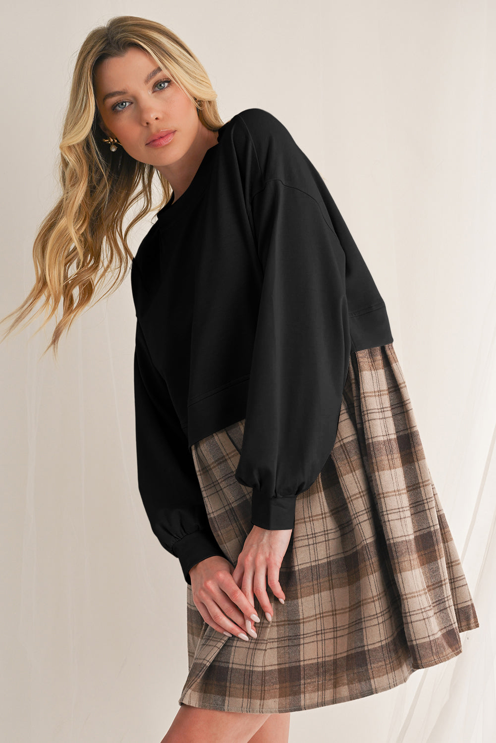 Beige Plaid Patchwork High Waist Sweatshirt Mini Dress