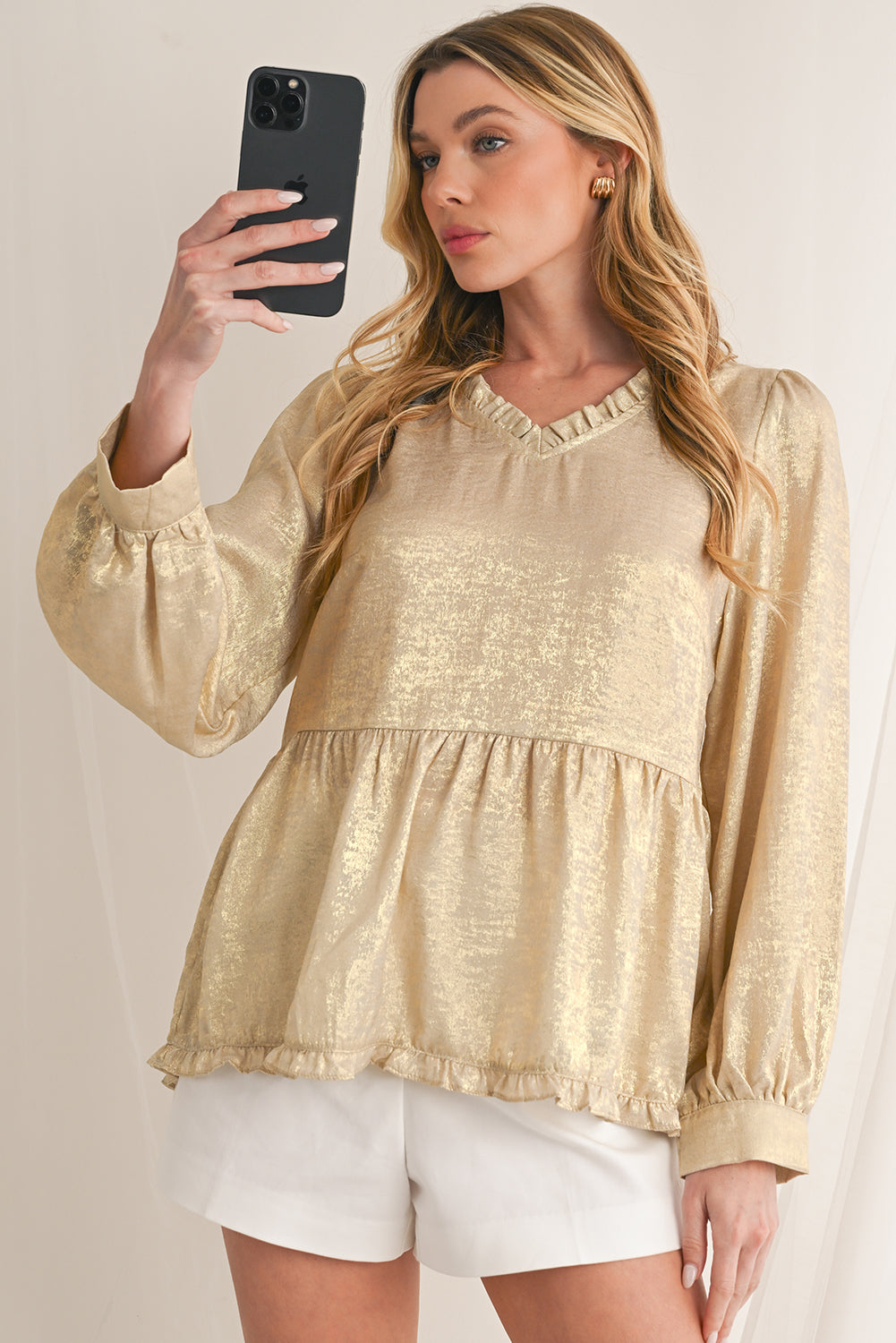 Black Velvet Frill V Neck Puff Sleeve Babydoll Blouse