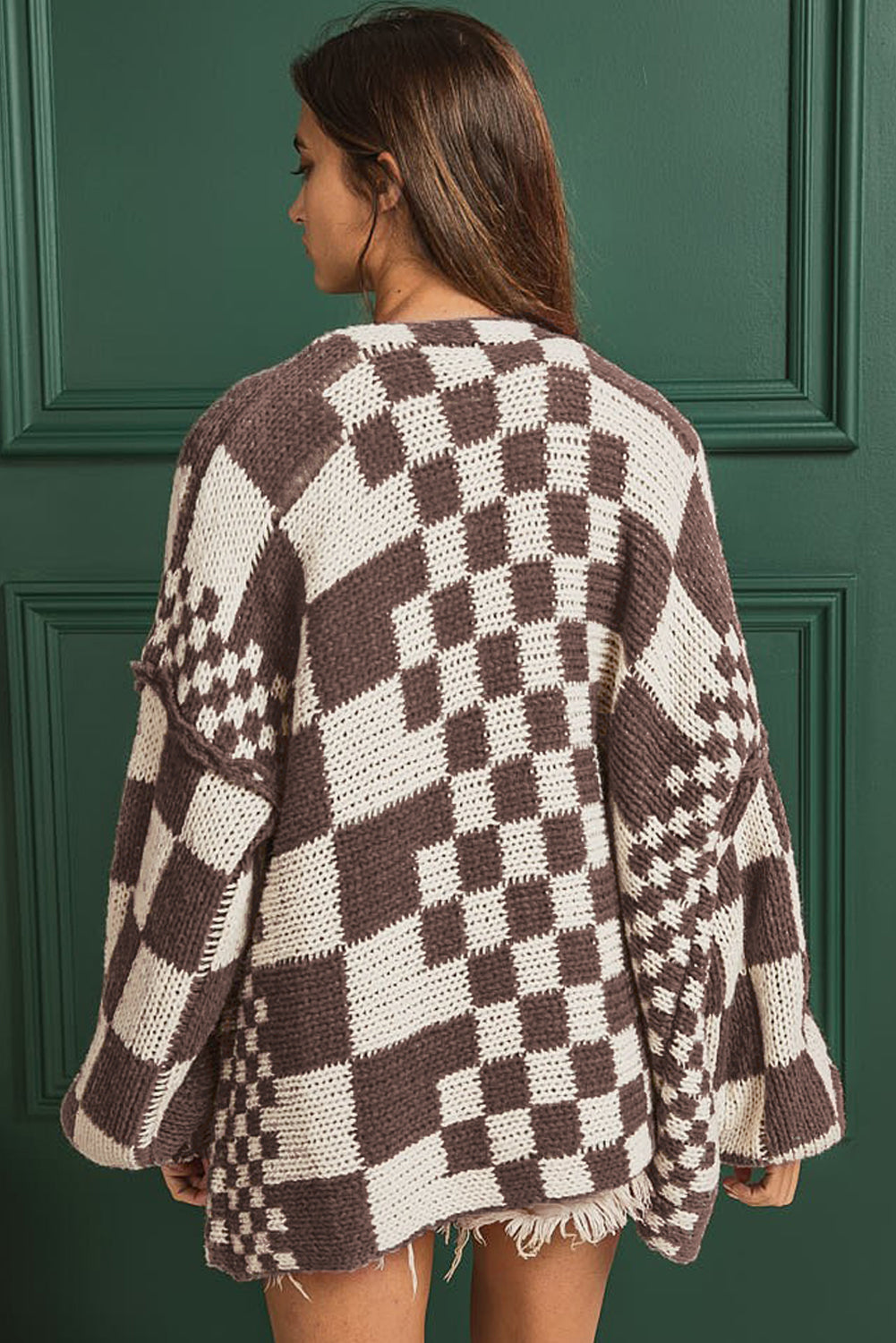 Multicolor Plaid Open Front Knitted Cardigan
