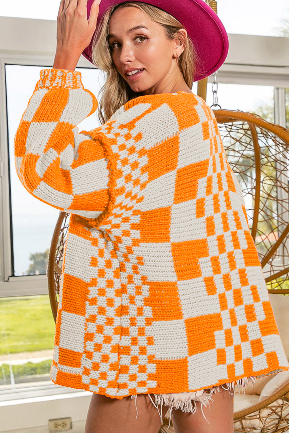 Multicolor Plaid Open Front Knitted Cardigan