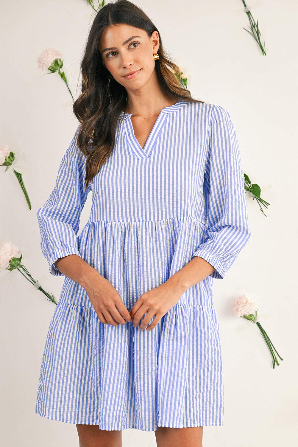 Sky Blue Striped Textured Bracelet Sleeve Tiered Mini Dress