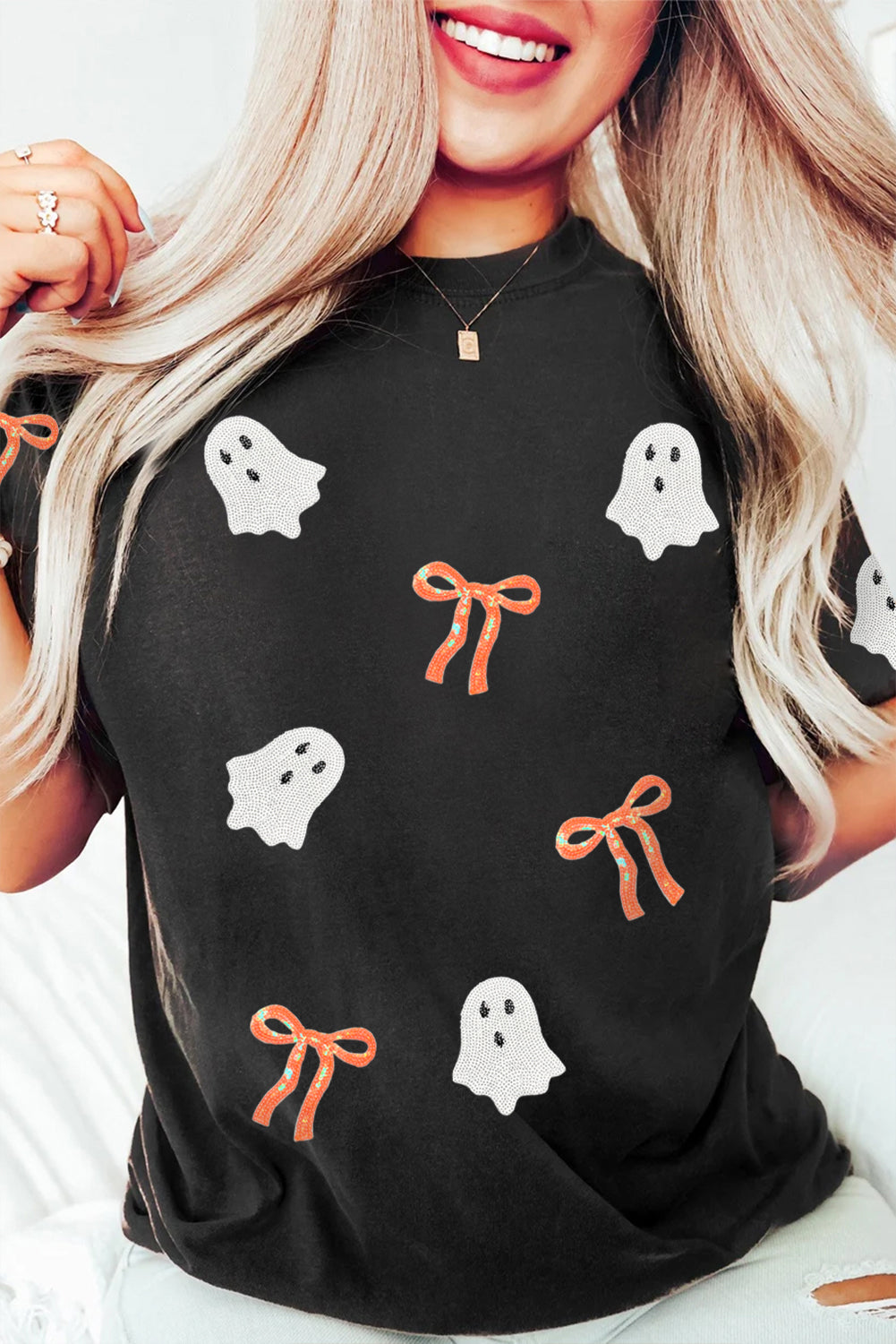 Black Bow Ghost Sequin Patched Halloween Graphic Tee