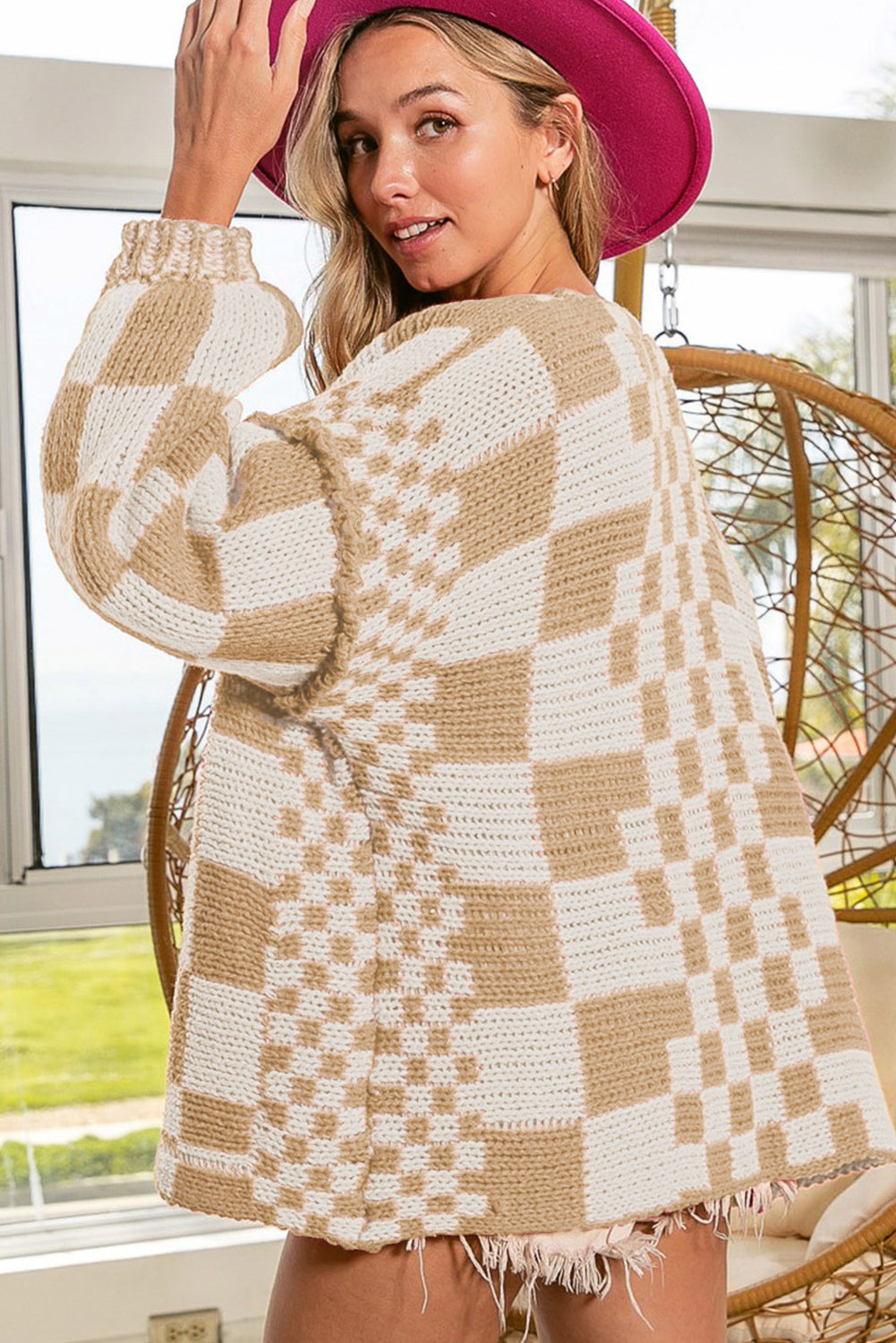 Multicolor Plaid Open Front Knitted Cardigan