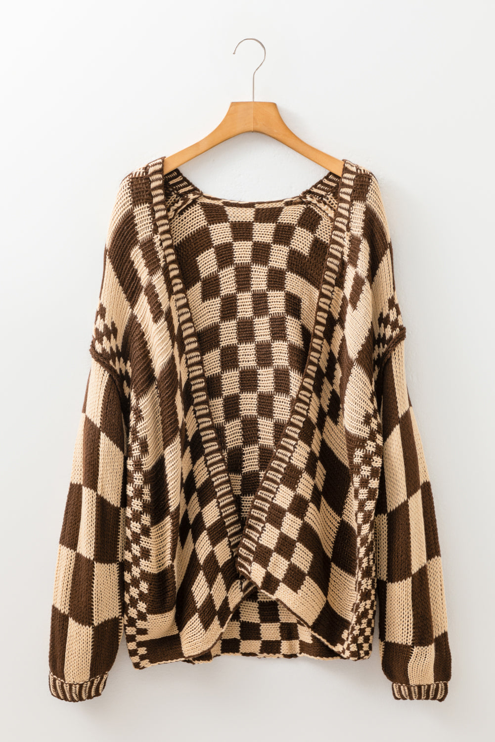 Multicolor Plaid Open Front Knitted Cardigan