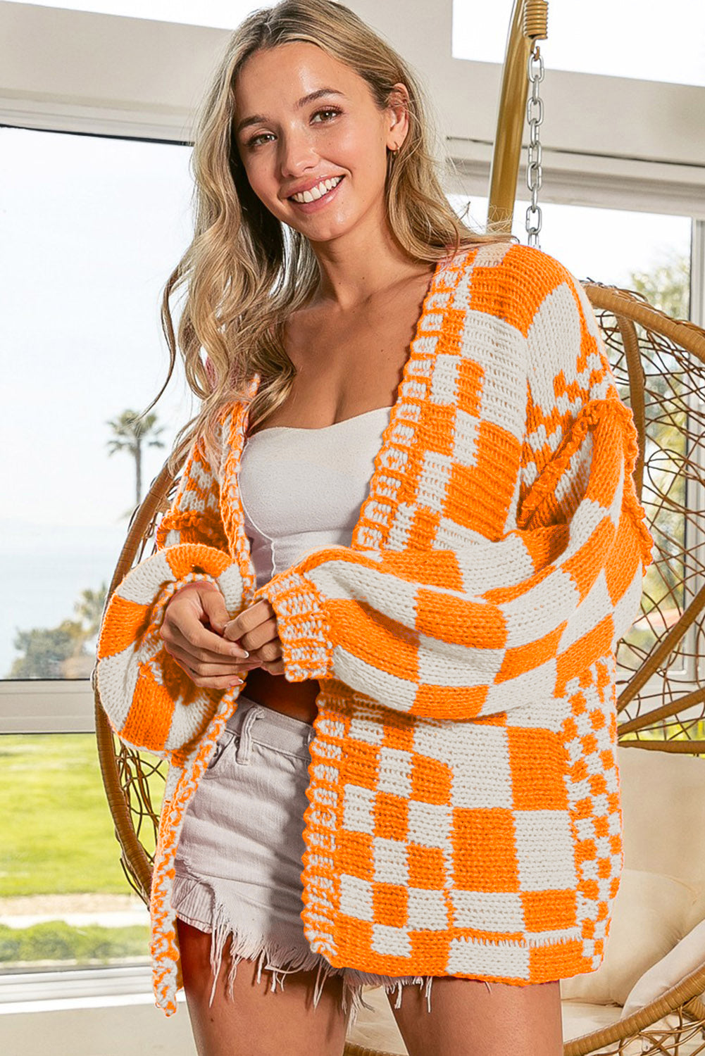 Multicolor Plaid Open Front Knitted Cardigan