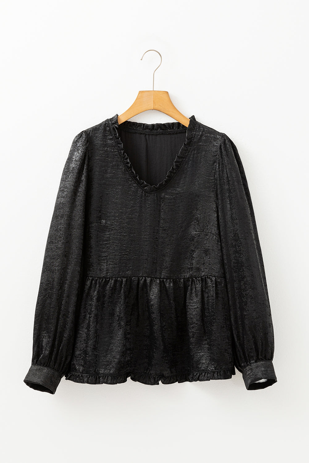 Black Velvet Frill V Neck Puff Sleeve Babydoll Blouse