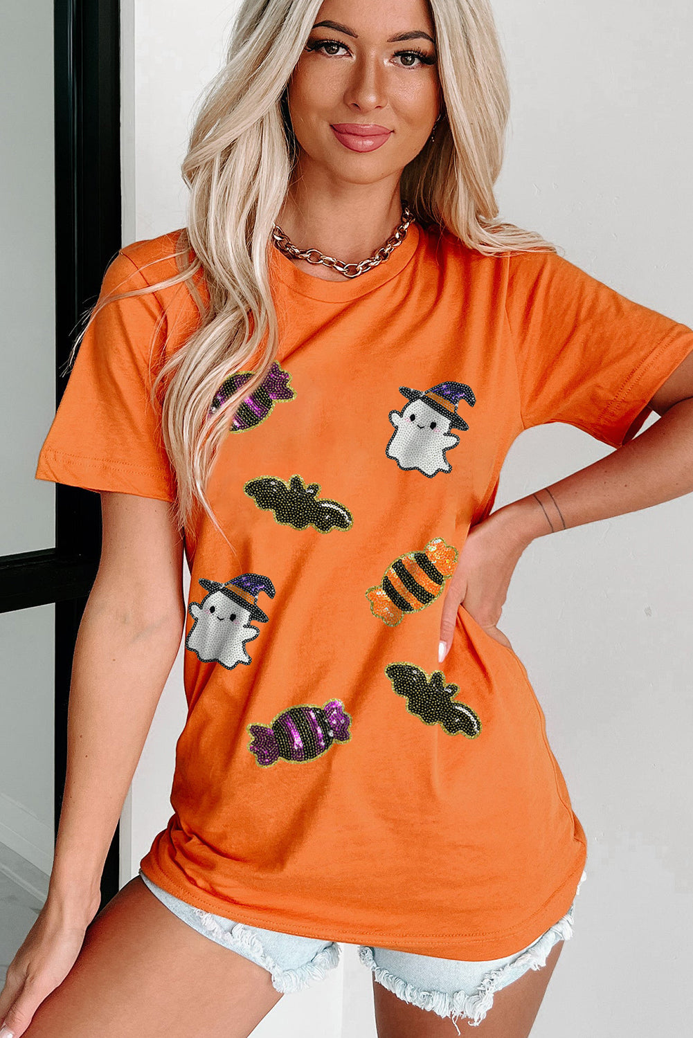 White Sequined Halloween Spirit Pattern Patched Custom Casual Tee