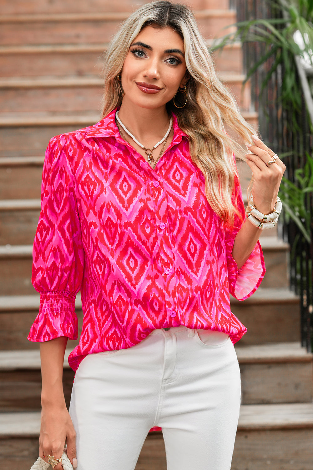 Strawberry Pink Abstract Print Puff Sleeve Shirt