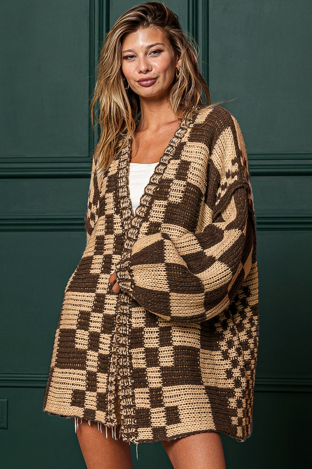 Multicolor Plaid Open Front Knitted Cardigan