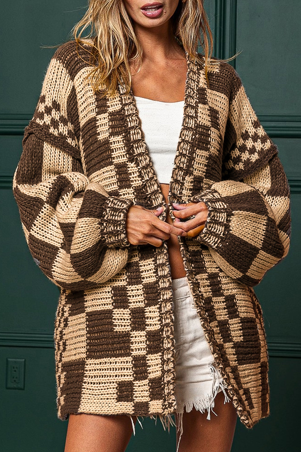 Multicolor Plaid Open Front Knitted Cardigan