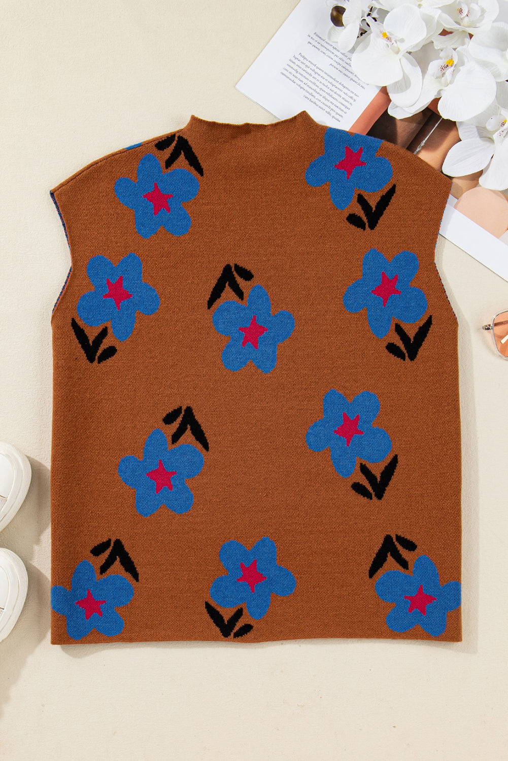 Chestnut Vintage Floral Pattern High Neck Sweater Vest