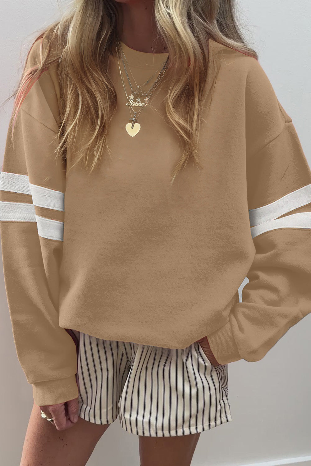Orange Preppy Striped Sleeve Loose Sweatshirt