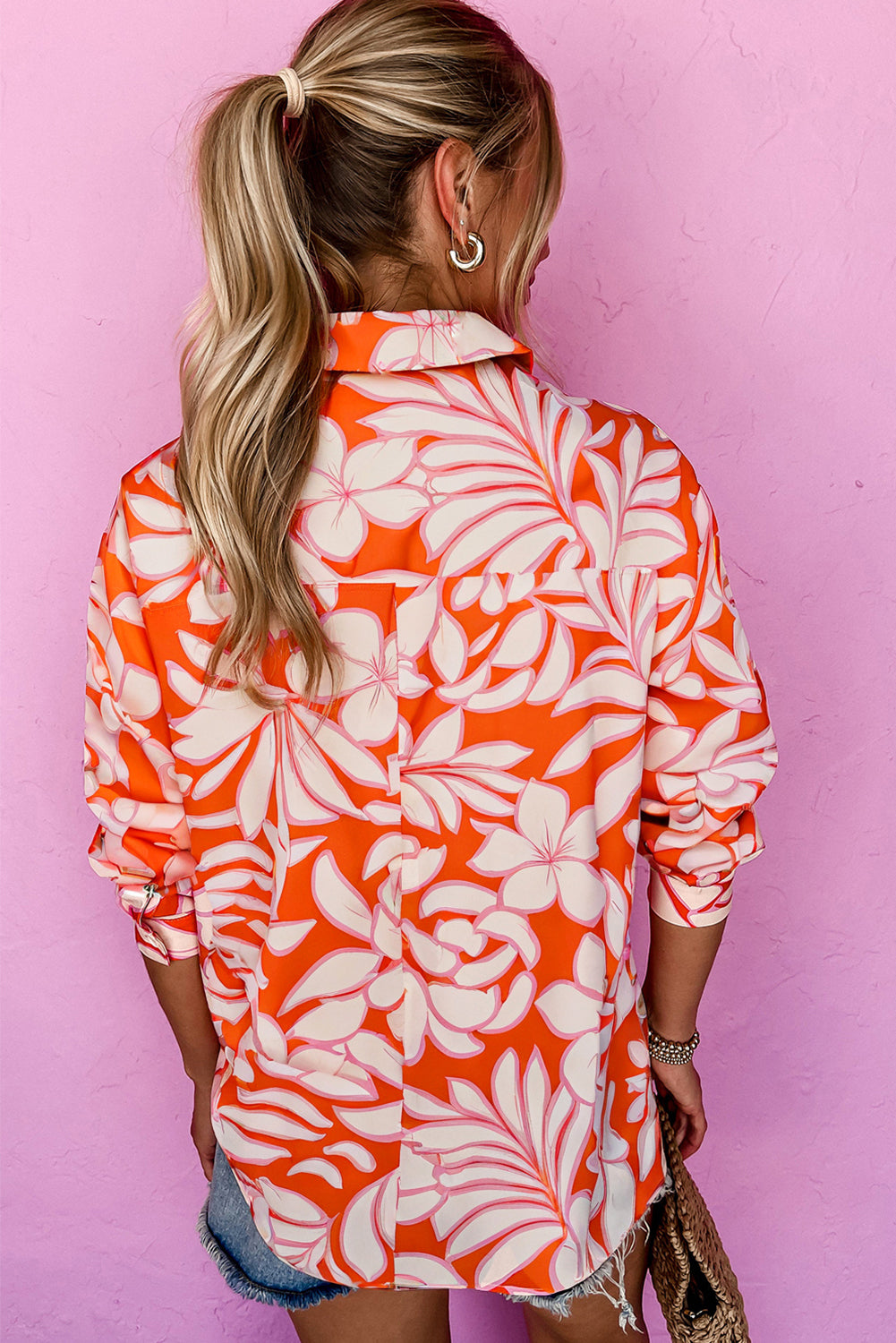 Orange Botanical Print Chest Pocket Button Up Shirt
