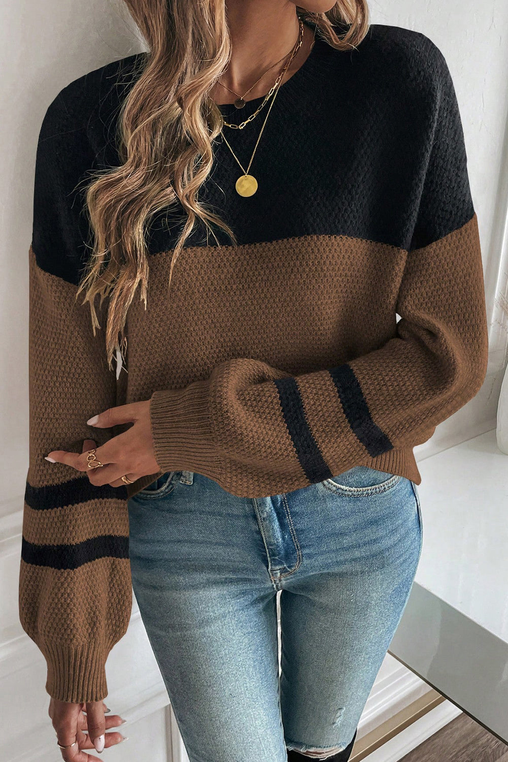 Parchment Colorblock Striped Sleeve Detail Knit Sweater
