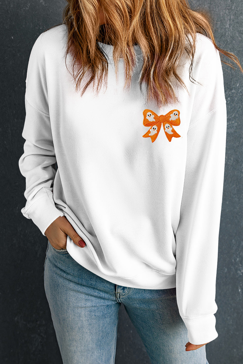 White Cute Halloween Ghost Bow Embroidered Graphic Sweatshirt