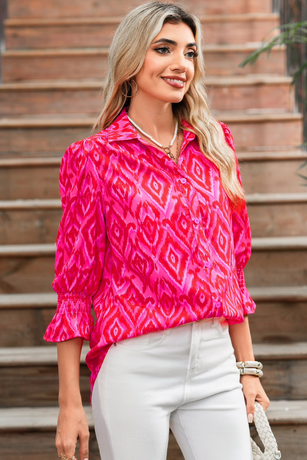Strawberry Pink Abstract Print Puff Sleeve Shirt
