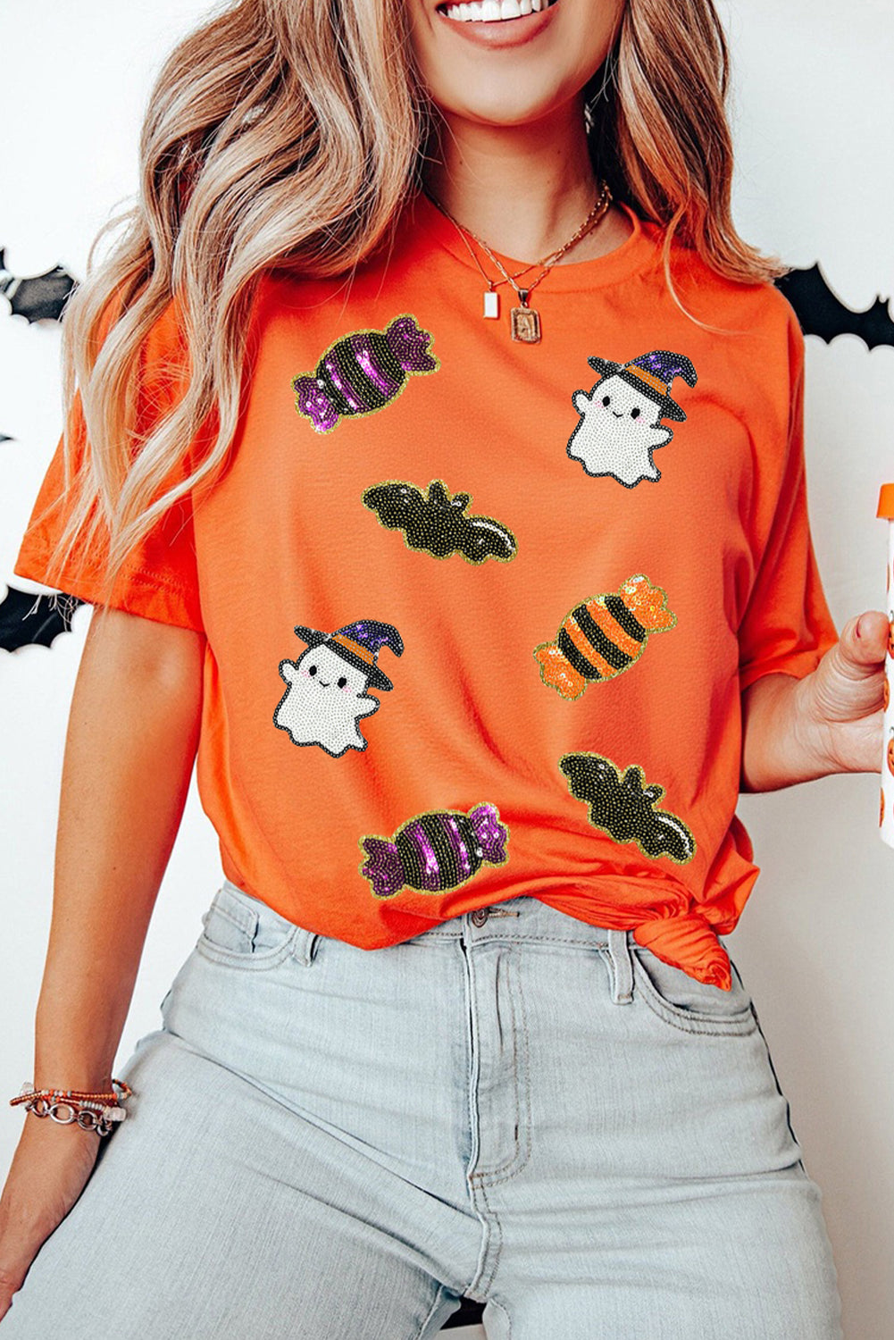White Sequined Halloween Spirit Pattern Patched Custom Casual Tee