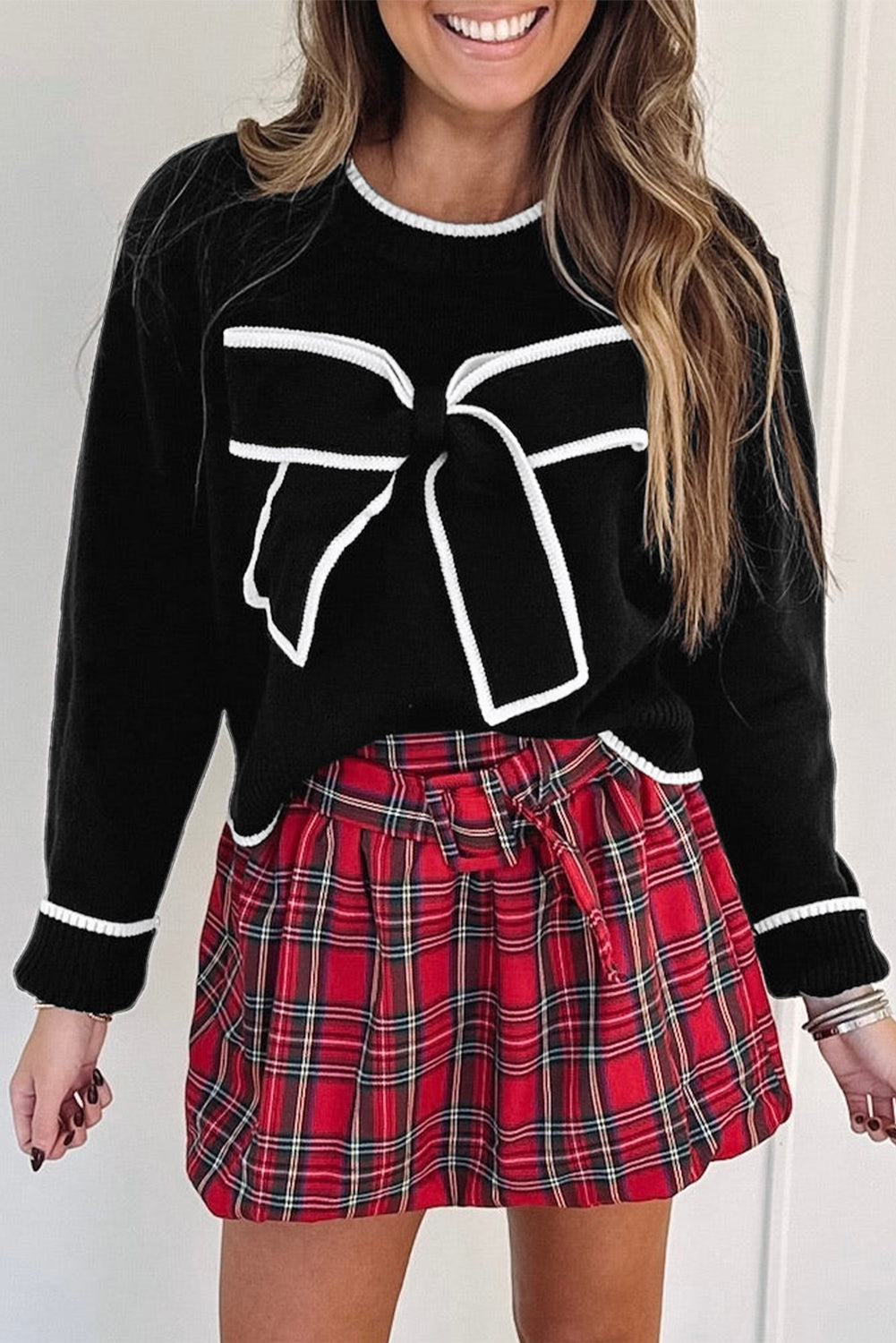 Black Contrast Trim Big Bow Accent Cropped Sweater