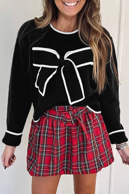 Black Contrast Trim Big Bow Accent Cropped Sweater