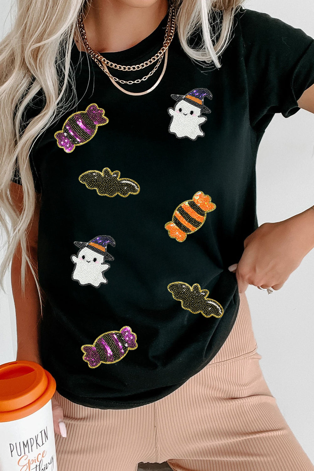 White Sequined Halloween Spirit Pattern Patched Custom Casual Tee