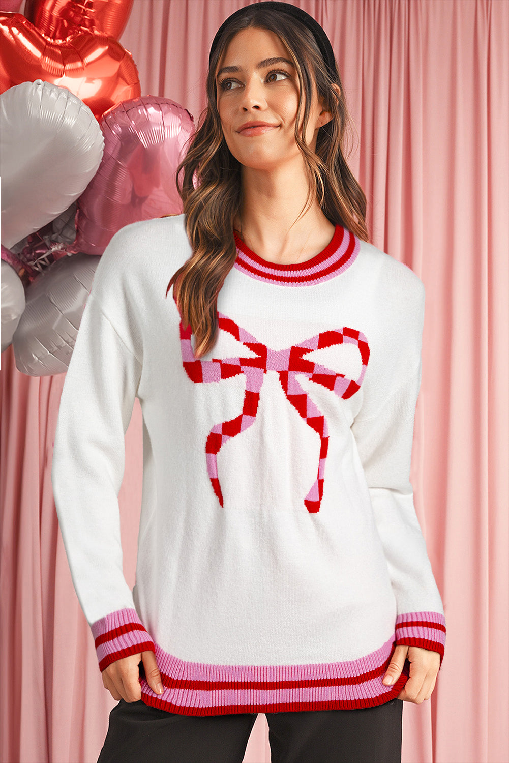 White Bow Pattern Contrast Trim Long Sleeve Sweater