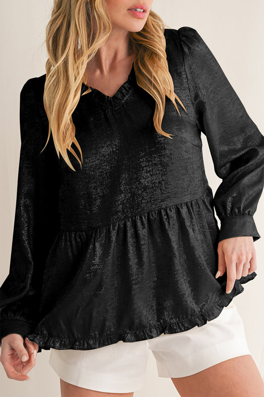 Black Velvet Frill V Neck Puff Sleeve Babydoll Blouse
