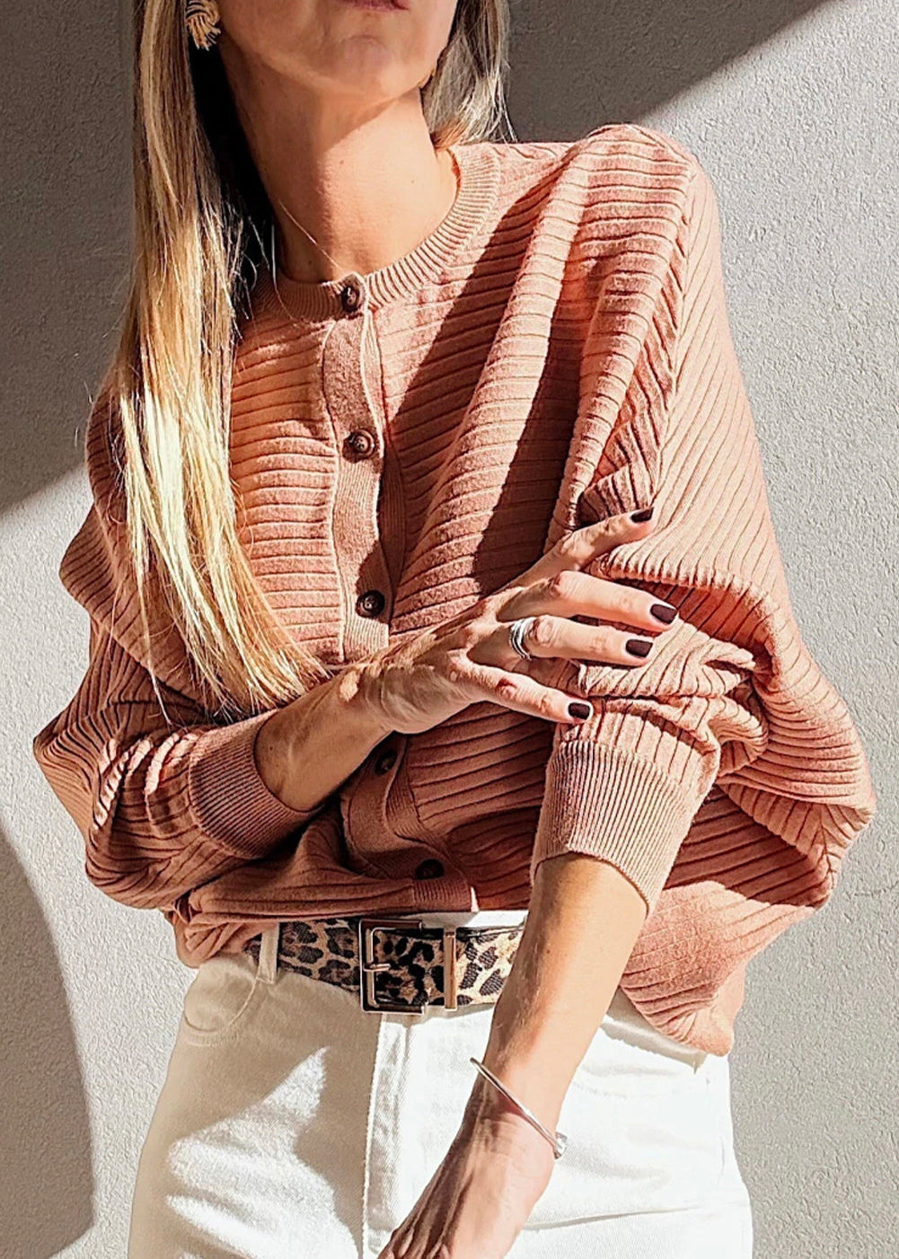 Apricot Pink Rib Knit Button Front Dolman Sleeve Cardigan
