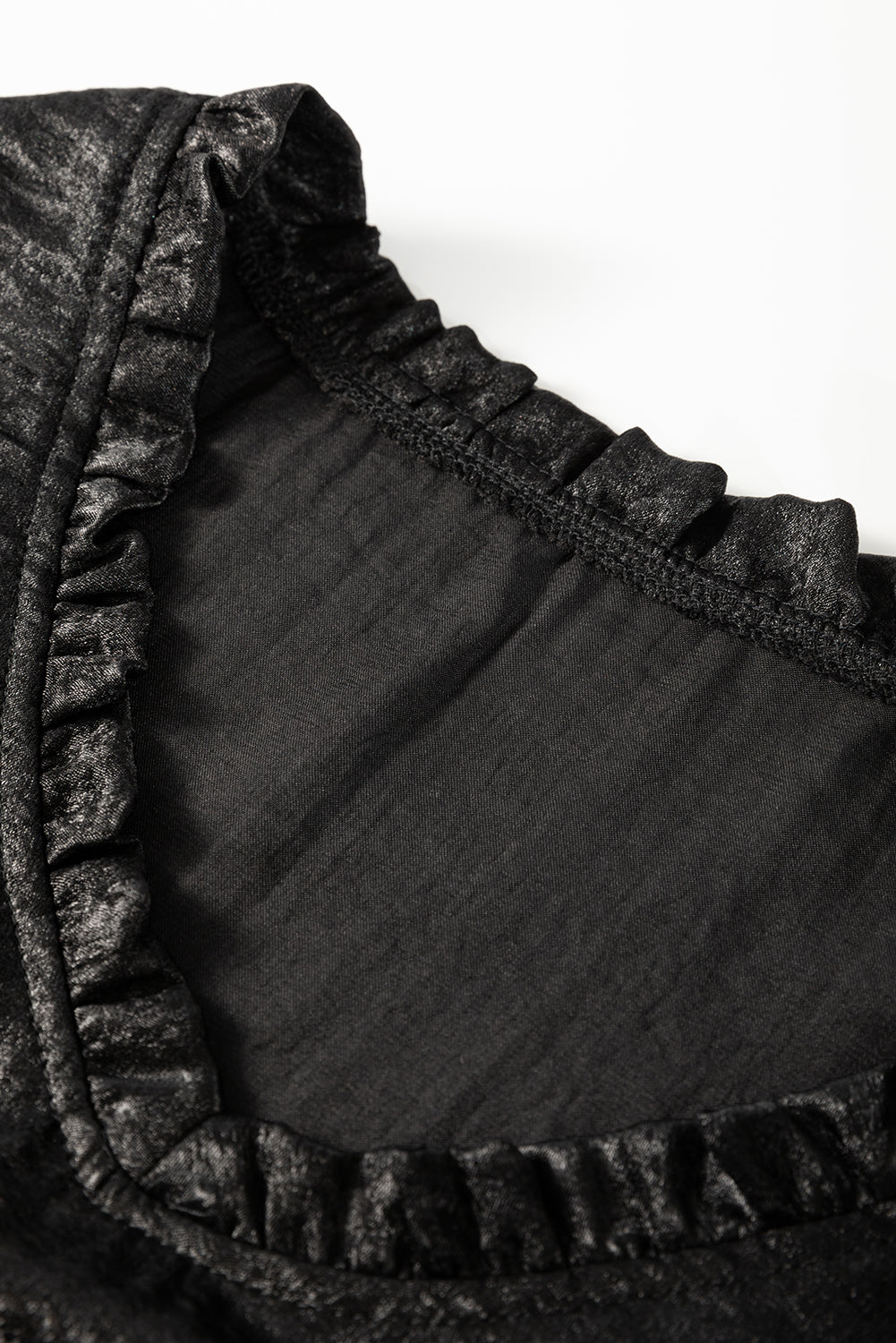 Black Velvet Frill V Neck Puff Sleeve Babydoll Blouse