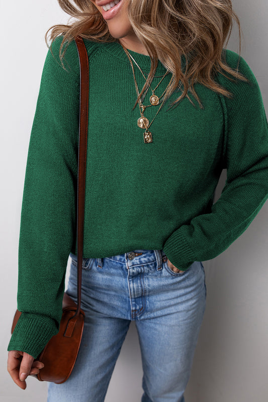 Evergreen Plain Raglan Sleeve Crew Neck Sweater