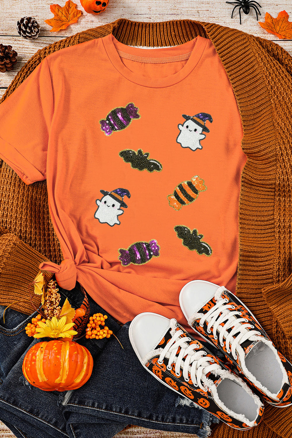 White Sequined Halloween Spirit Pattern Patched Custom Casual Tee