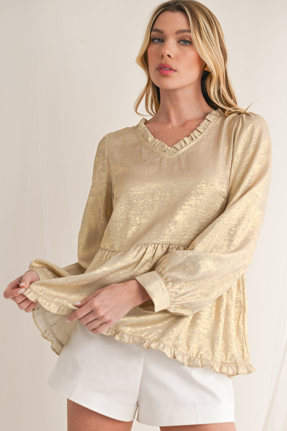 Black Velvet Frill V Neck Puff Sleeve Babydoll Blouse