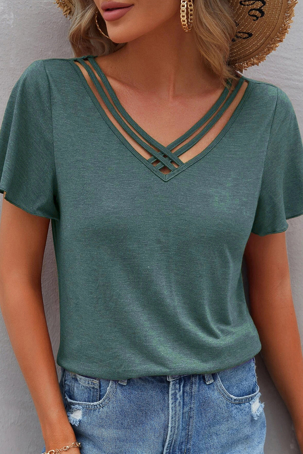 Black Crisscross V Neck Flutter Sleeve T Shirt