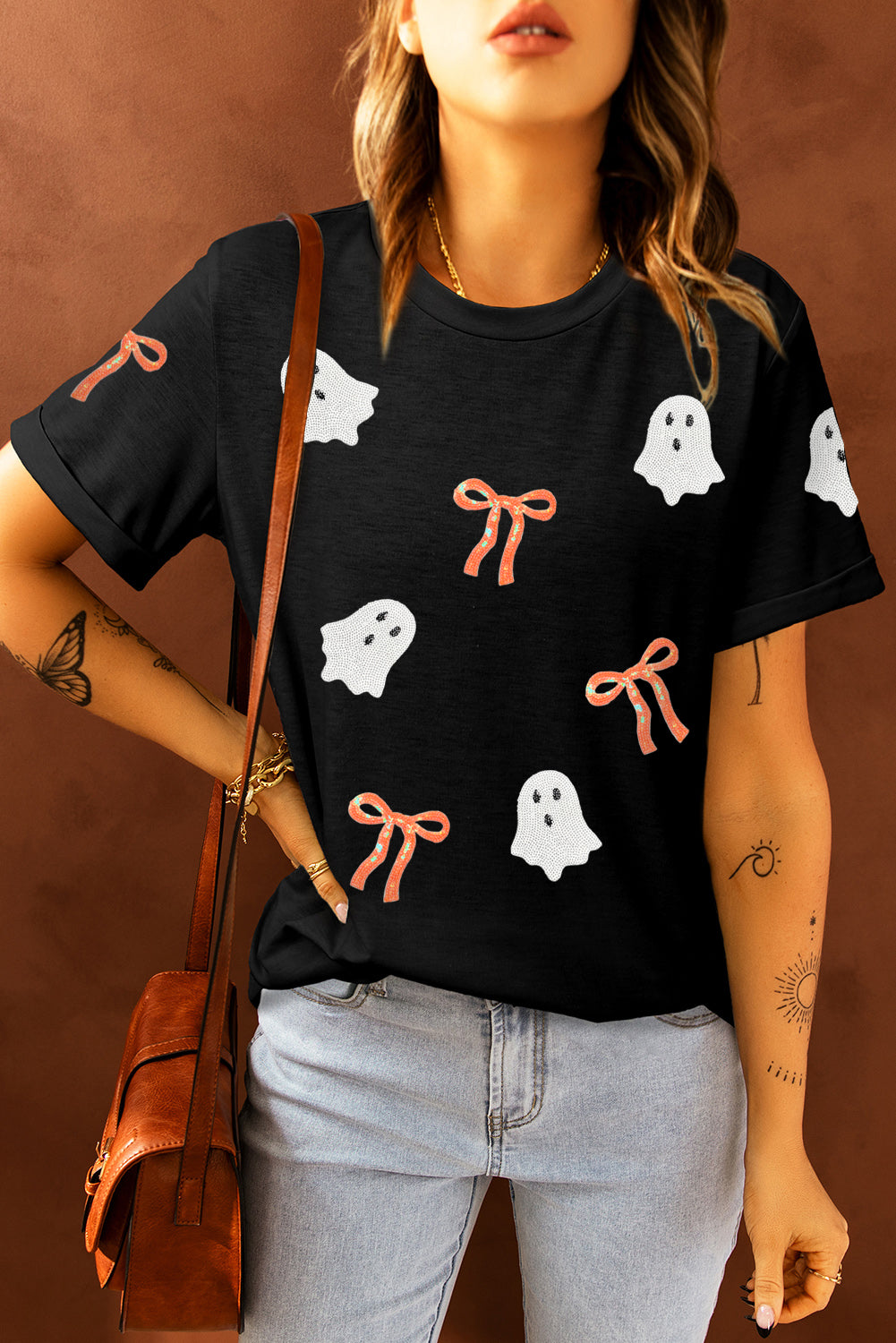 Black Bow Ghost Sequin Patched Halloween Graphic Tee