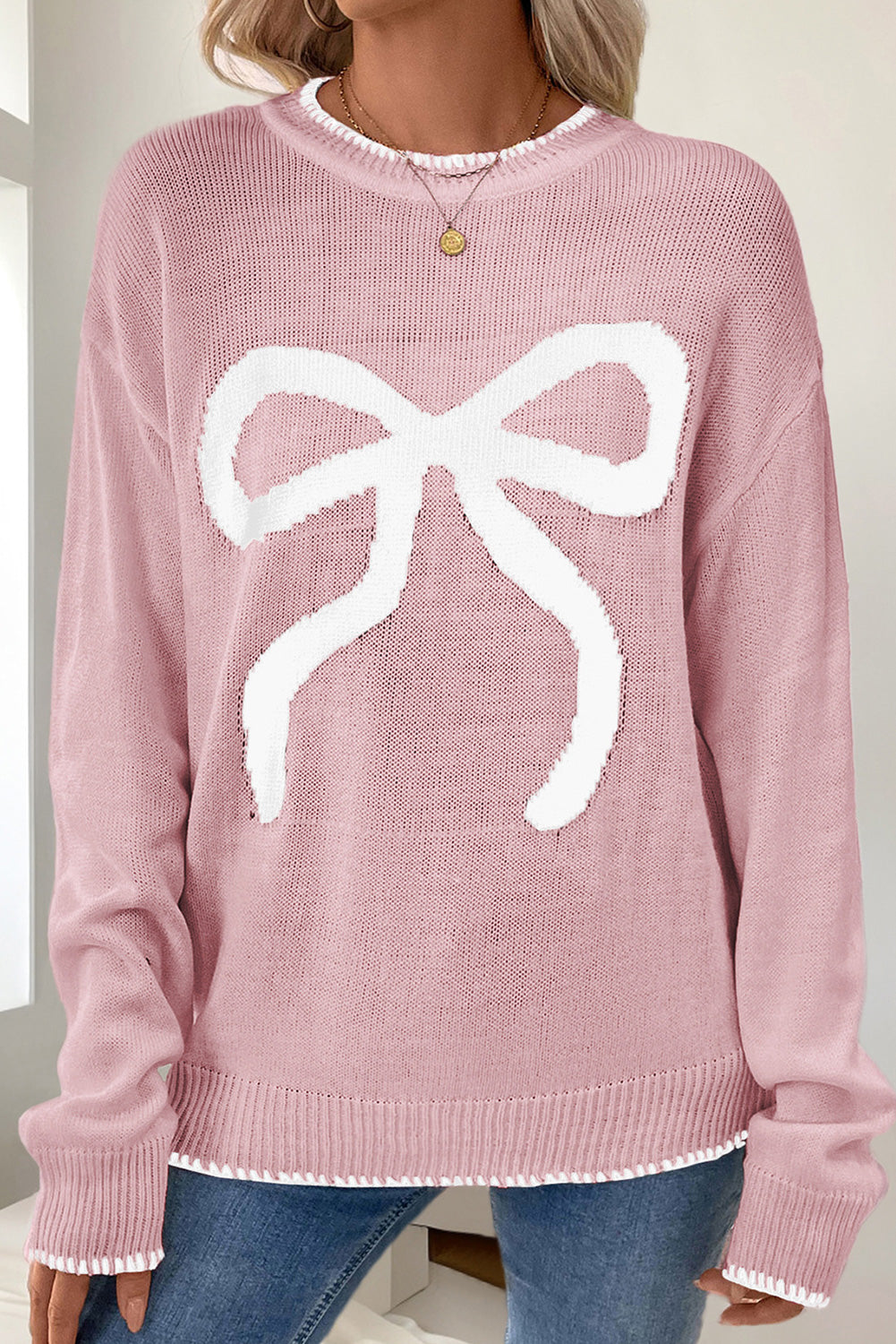 White Sweet Bow Long Sleeve Knit Sweater