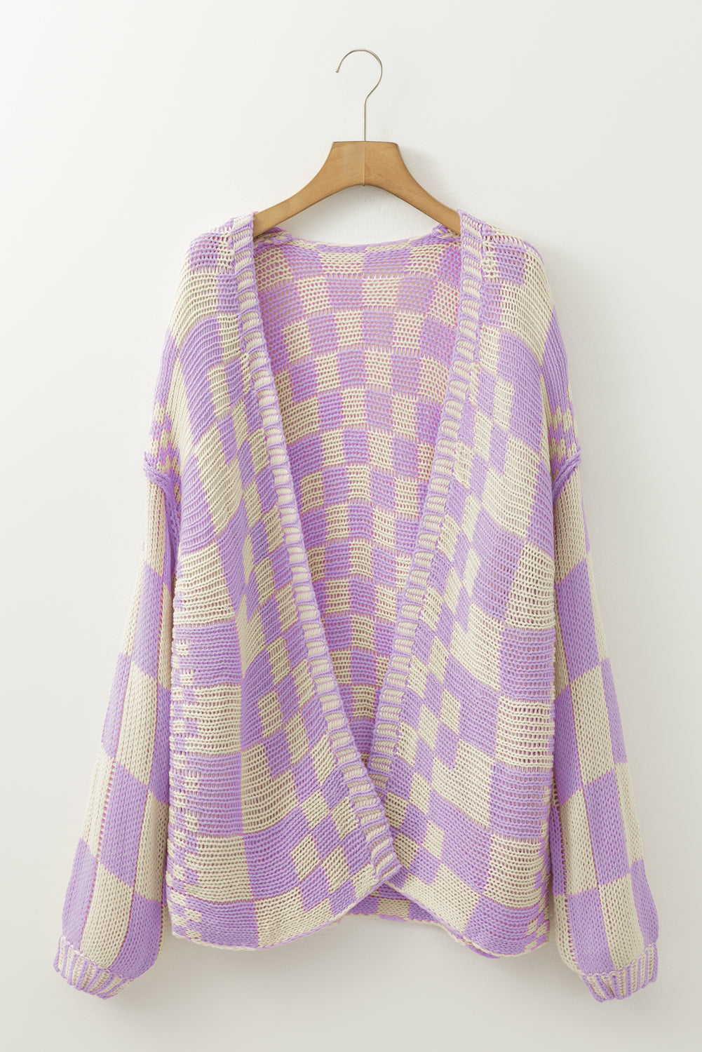 Multicolor Plaid Open Front Knitted Cardigan