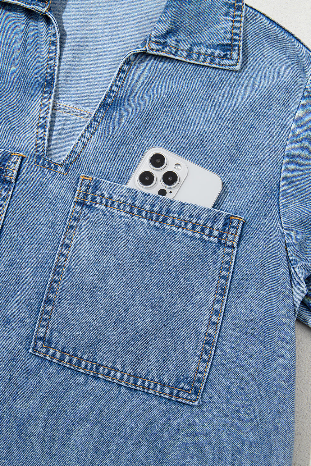 Blue Short Sleeve Collared Chest Pocket Denim Mini Dress
