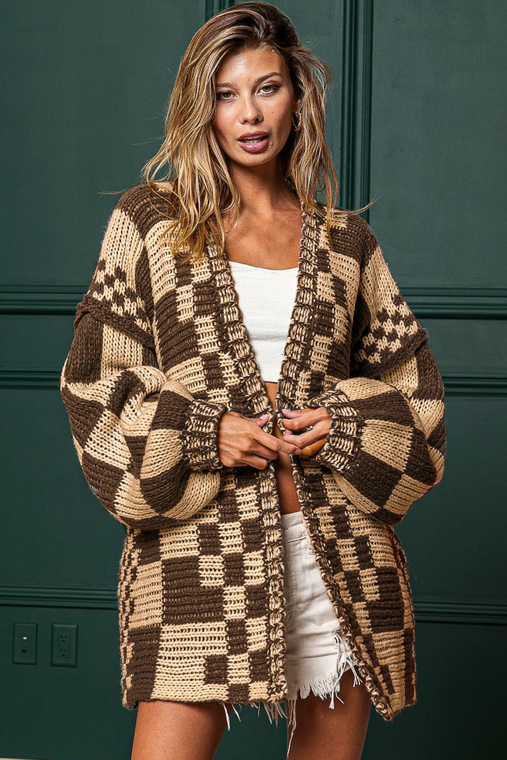 Multicolor Plaid Open Front Knitted Cardigan