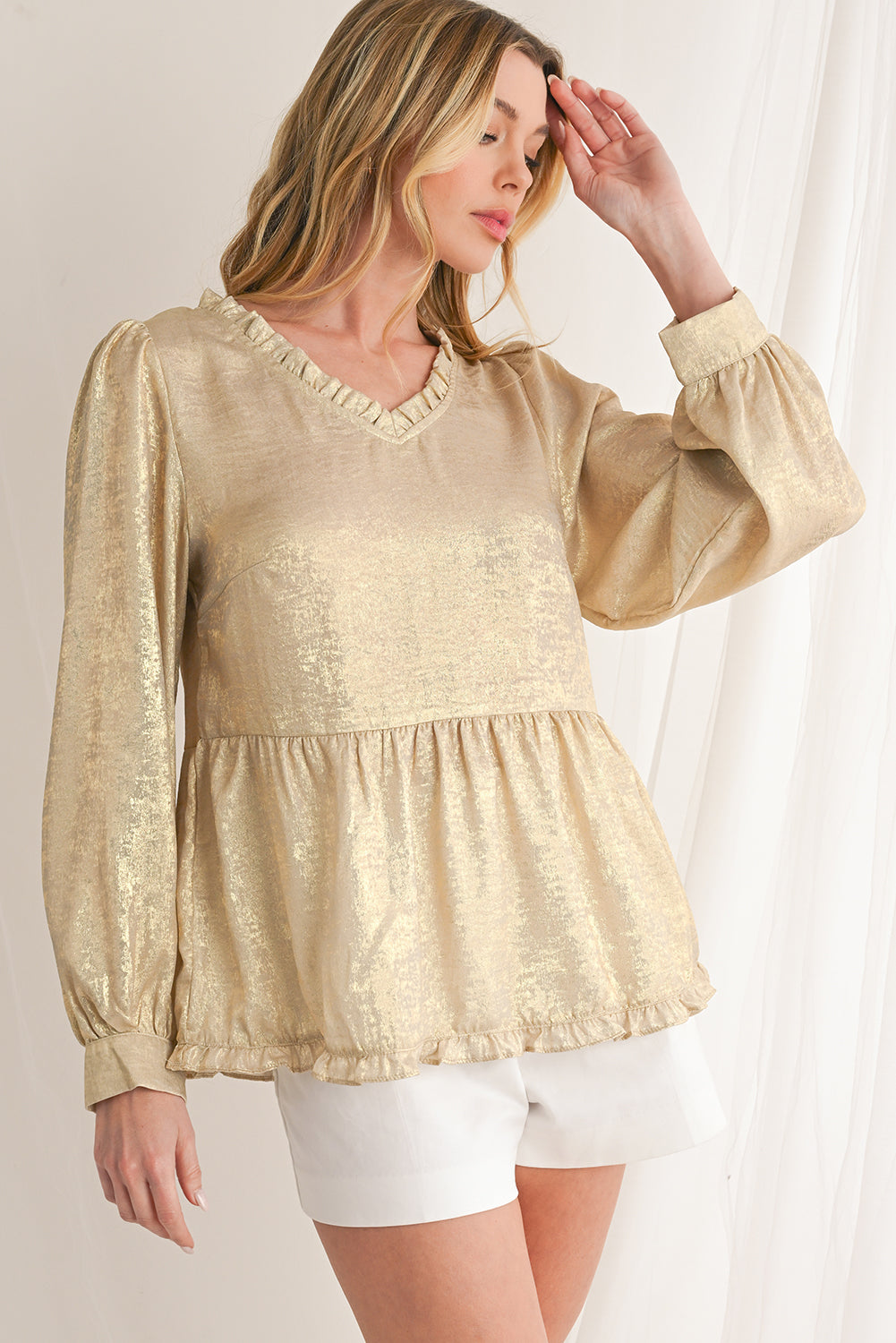 Black Velvet Frill V Neck Puff Sleeve Babydoll Blouse