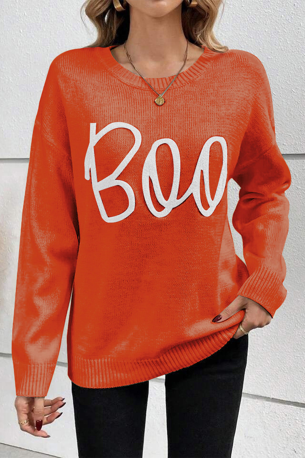 Apricot Halloween Boo Drop Shoulder Knit Sweater