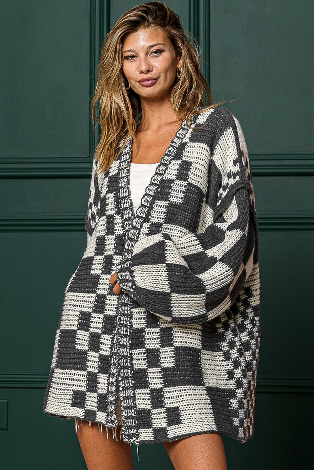 Multicolor Plaid Open Front Knitted Cardigan