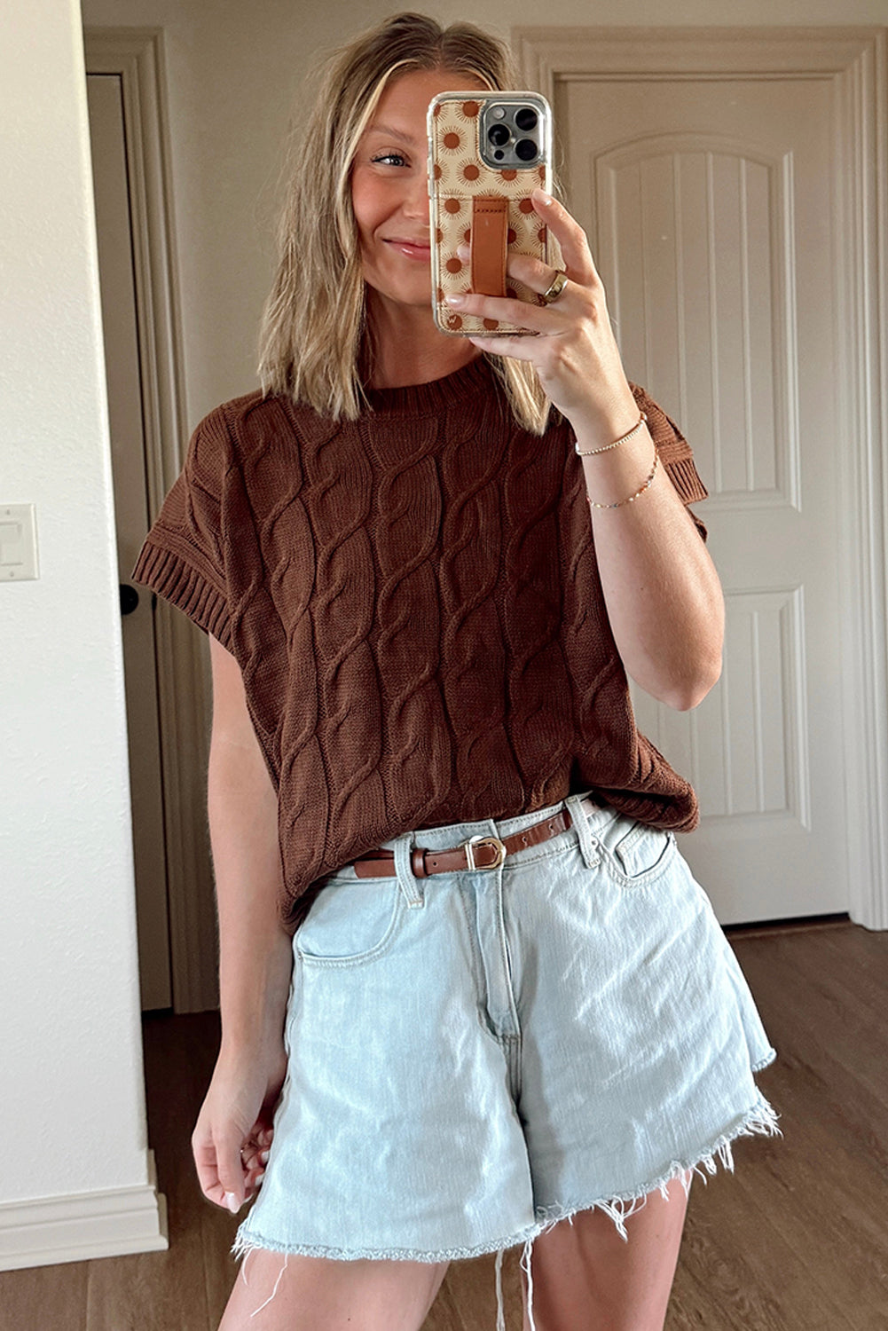 Dark Brown Cable Texture Crew Neck Short Sleeve Sweater Top