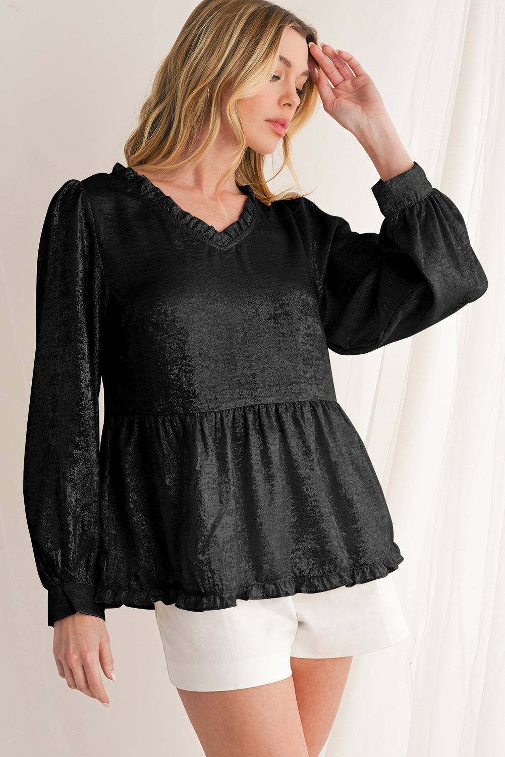 Black Velvet Frill V Neck Puff Sleeve Babydoll Blouse