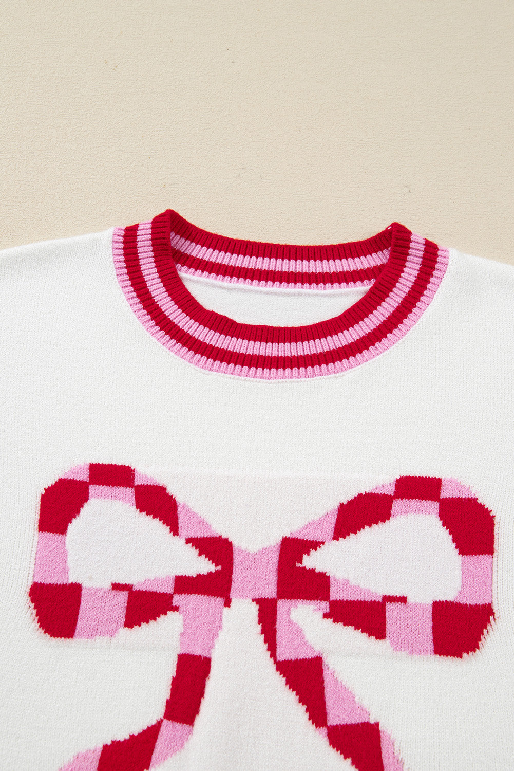 White Bow Pattern Contrast Trim Long Sleeve Sweater