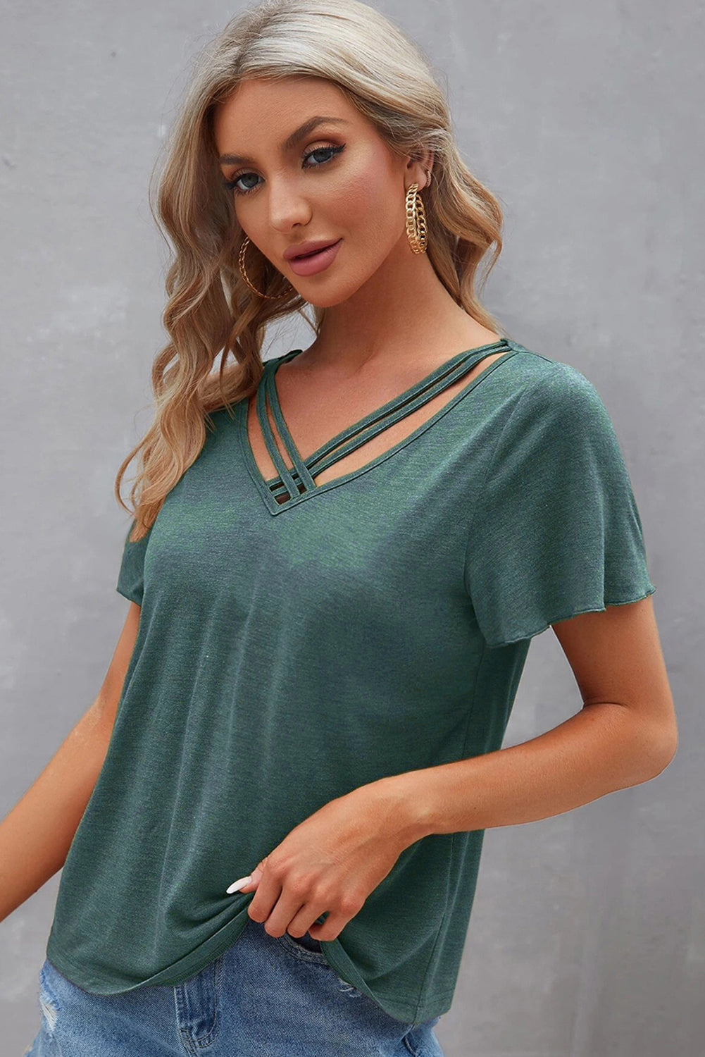 Black Crisscross V Neck Flutter Sleeve T Shirt