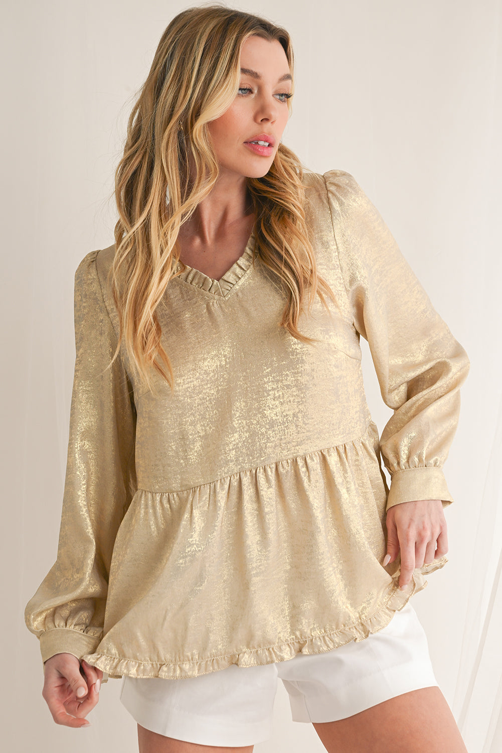 Black Velvet Frill V Neck Puff Sleeve Babydoll Blouse
