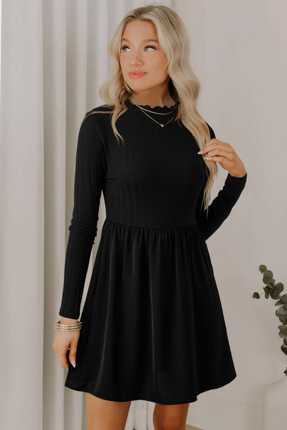 Black Frilled Neck Ribbed Knit Patchwork Long Sleeve Mini Dress