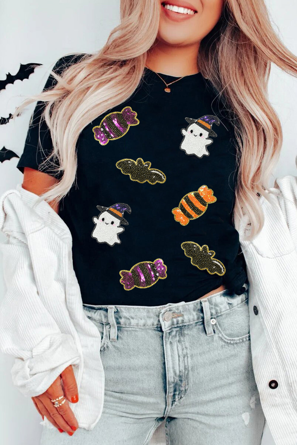White Sequined Halloween Spirit Pattern Patched Custom Casual Tee