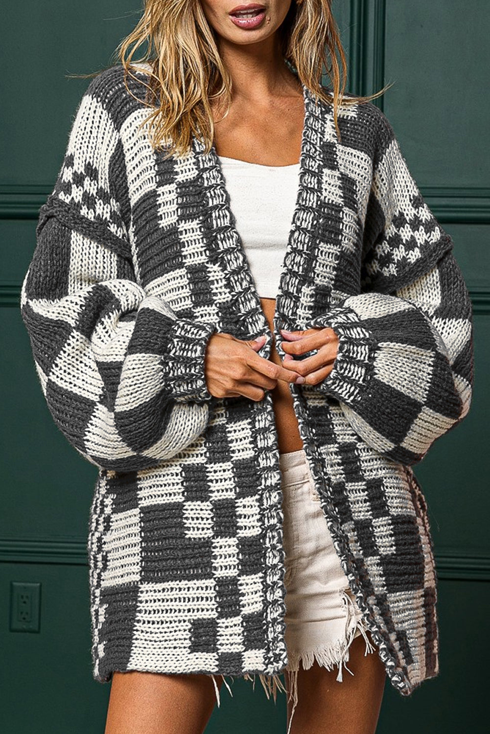 Multicolor Plaid Open Front Knitted Cardigan