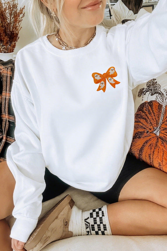 White Cute Halloween Ghost Bow Embroidered Graphic Sweatshirt